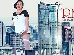 Impressive display of a towering giantess in lingerie strolling the city