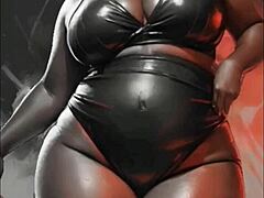 MILF Ebony dengan pantat besar dan perut dalam posisi berdiri