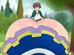एक्वा की छोटी स्कर्ट काजुमा को एक कार्टून पैरोडी में दिव्य हस्तक्षेप के साथ आकर्षित करती है।