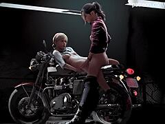 Kaksi tyttöä harrastaa seksiä moottoripyörällä todellisessa 3D-maailmassa